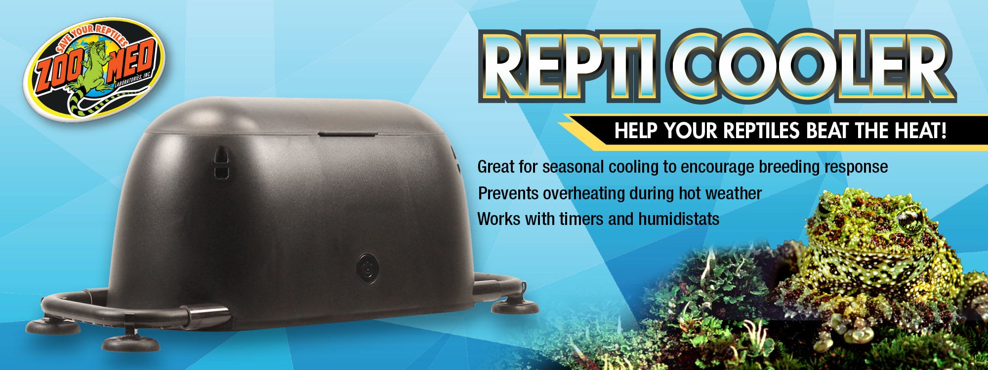 Repti Cooler. Lowers ambient temperature through evaporative cooling by up to 10°F, just add water.